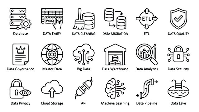 Professional set of 18 data management line icons including database storage, data entry, cleaning, migration, ETL processes, data quality metrics, server infrastructure, and analytics.