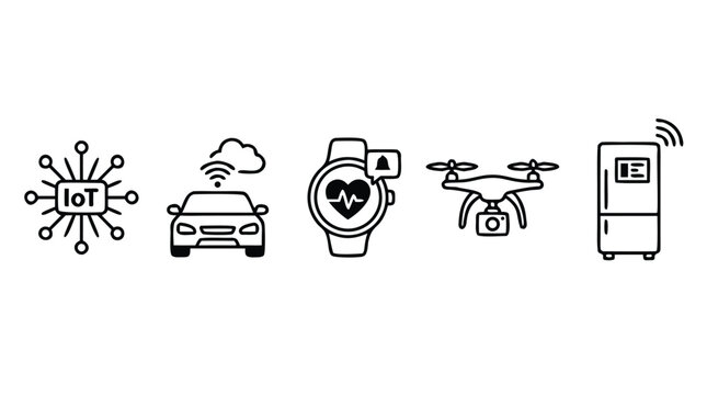 Set of minimalist vector icons representing the Internet of Things including a connected car, smart watch, flying drone, and smart fridge on a clean white background for modern tech designs.