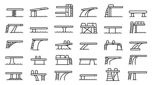 Pool edge and deck equipment line icon set. Gutters, coping, drains, lane edges, pool parts outline vector illustrations. Signs for swimming facilities on white background.
