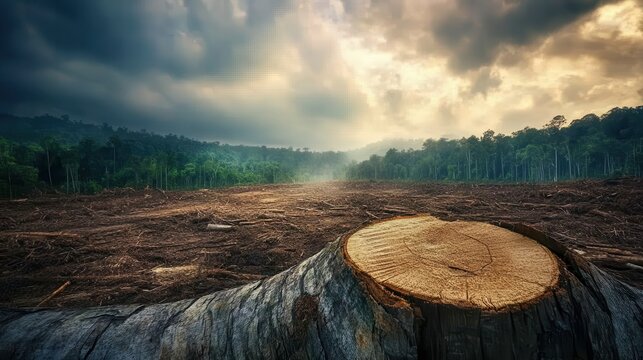 Massive tree stump in a deforested area with cut trees and cleared land under dramatic cloudy sky
