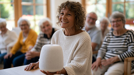 Fototapeta premium Elderly care facility activity coordinator demonstrating AI companion device to resident group seated in common room, some participants leaning forward with curiosity, afternoon
