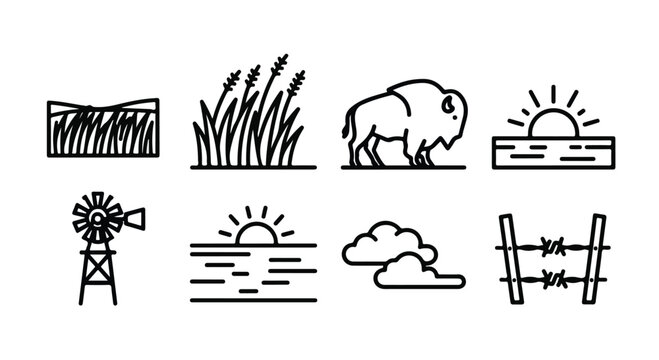 Minimalist prairie landscape icons, 8 black line vector elements, rustic farm and wildlife symbols for western branding and nature logos