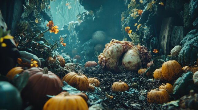 Rotting pumpkins and organic matter in a compost garden, symbolizing the cycle of decomposition