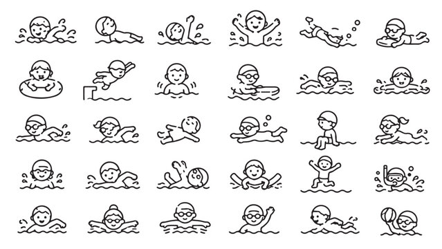 Kids swimming line icon set. Children in pool, swim lessons, water play, floating children outline vector illustrations. Signs for aquatic education on white background.