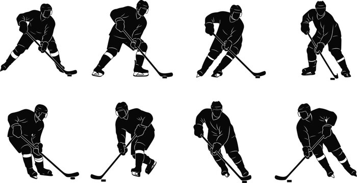 Silhouettes of ice hockey players in dynamic skating and puck‑handling poses, symbolizing athletic motion, teamwork, competition, and expressive gameplay