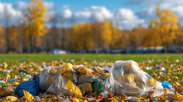 Piles of Plastic Trash Bags and Discarded Waste Scattered Across a Rural Field with Autumn Leaves and Trees in Soft Light