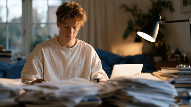 Teenager reorganizing chaotic bedroom desk for back-to-school season, prefrontal cortex executive function organization, adolescent productivity concept, academic preparation