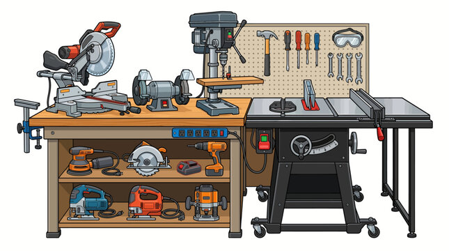 Illustration of a well-organized workshop with various tools and equipment on a wooden workbench and pegboard against a clean white background.