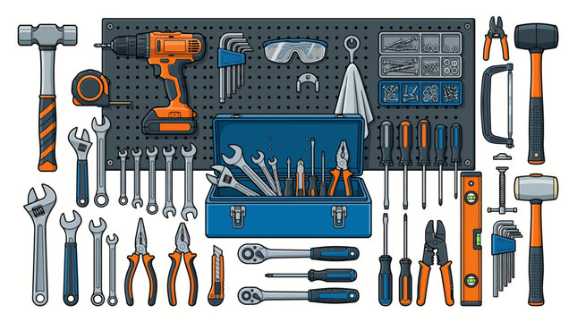 Flat lay of various tools and equipment arranged on a pegboard and white background, including wrenches, pliers, and hammers in a organized composition with industrial and functional mood.