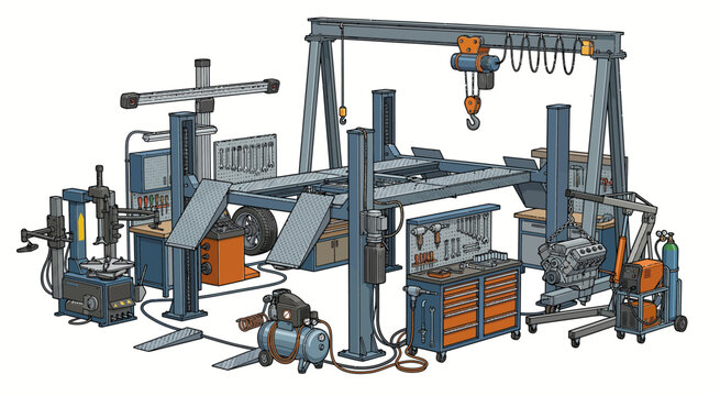 An industrial workshop with various machinery and tools including a crane, drill press, and workbenches in a well-organized layout against a clean white background.