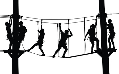 Silhouette illustration of people on ropes course adventure park with adventure climbing silhouette challenge © Md Mujahid Fakir