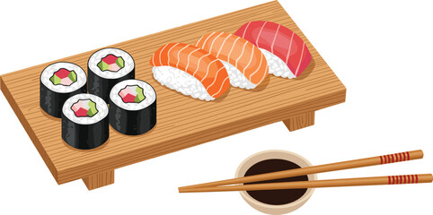 Japanese Sushi Set Vector Illustration with Salmon Tuna Nigiri and Maki Rolls on a Wooden Board with Chopsticks and Soy Sauce for Restaurant Menu Designs © KP Studio