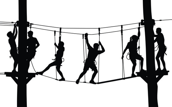 Silhouette illustration of people on ropes course adventure park with adventure climbing silhouette challenge