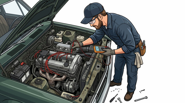 Mechanic inspecting car engine with tools and wearing gloves, standing beside an open hood with a toolbox on, against a plain white background.