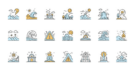 Fototapeta premium Colorful set of natural disaster and landmark icons depicts volcanoes, tsunamis, mountains, and historic ruins.