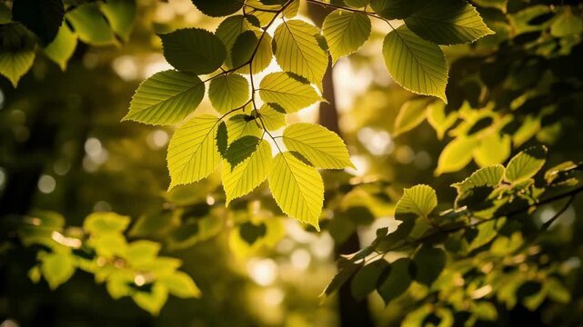 Sunlight shining through vibrant green leaves in a peaceful forest setting with natural bokeh background