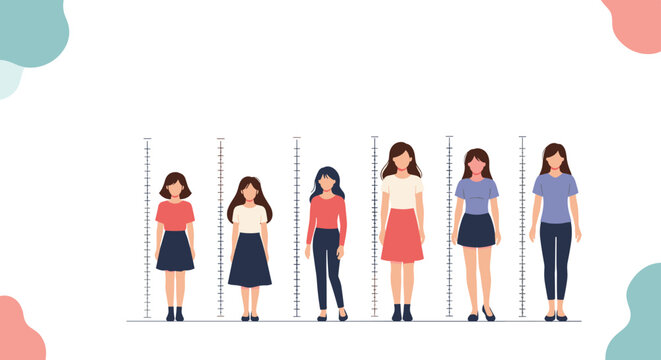 Set of six human figures representing girls and women of various heights and ages against a height measurement scale for growth tracking.