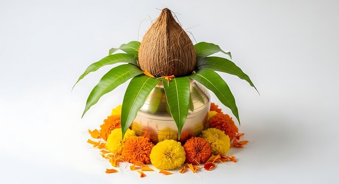 Sacred Kalash Puja Pot with Coconut, Mango Leaves and Marigold Flowers