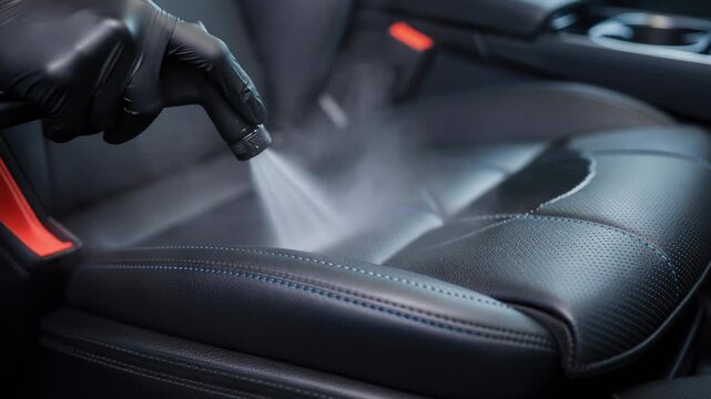 Close-up of hands cleaning and sanitizing black leather car seat with spray and gloves