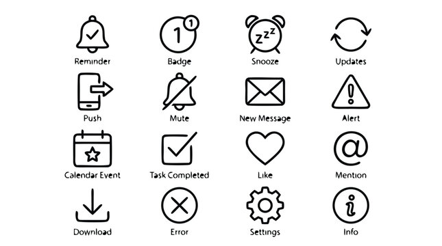 Comprehensive collection of sixteen unique vector outline icons designed for UI and UX notification systems including reminder alerts badge symbols snooze functions updates push and mute options.