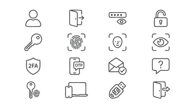 Essential UI UX authentication and user security thin line icon set. Includes login, password, biometric access, 2FA, OTP, and encryption symbols for secure web and mobile application design.