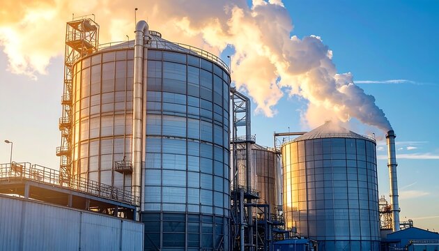 Large industrial structures releasing emissions under a vibrant sky