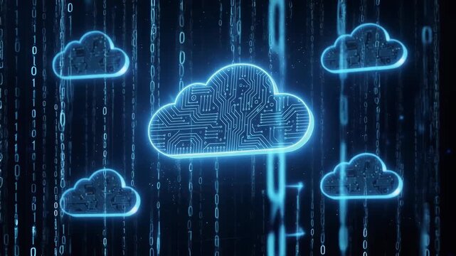 Digital cloud computing network with futuristic glowing data and binary code background