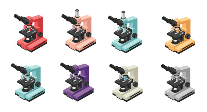 Grid of laboratory microscopes in multiple bright colors for scientific research education and medical diagnostic use in a lab setting.