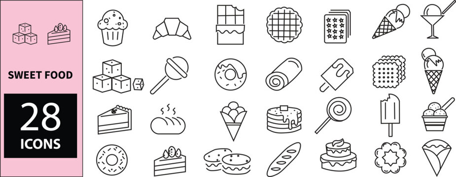 Minimalist outline food icons bundle with 28 vector Different colors elements including donuts, cakes, cookies, chocolate, and sugary snacks
