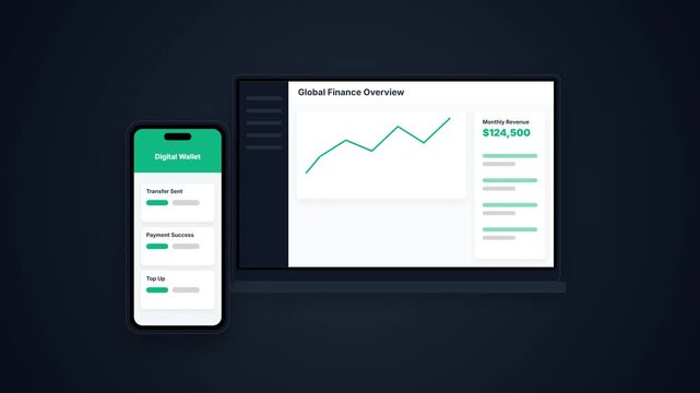 Responsive Cross Platform Digital Wallet UI Mockup on Smartphone and Desktop Laptop Screen with Emerald Green Financial Growth Chart Graphics