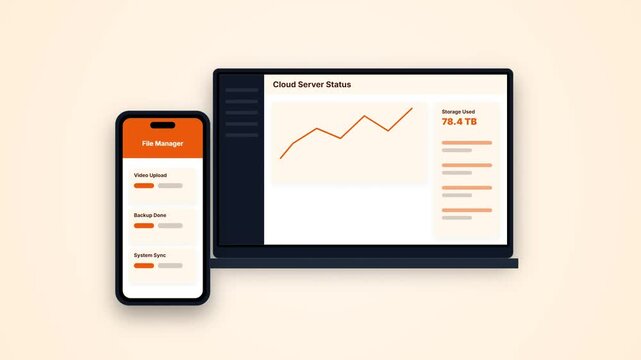 Responsive Cloud Server Status Dashboard UI Mockup on Smartphone and Laptop Screen with Sunset Orange Storage Data Graph Visualization