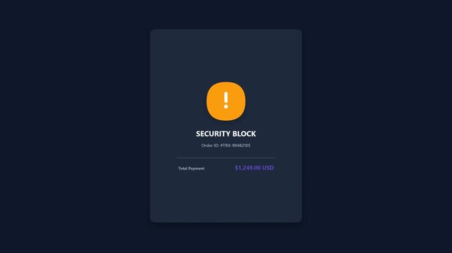 Dark Mode Payment Processing Interface Screen with Security Block Alert for Credit Card and E-Wallet Transaction Failure Error Message UI Design Simulation