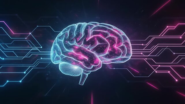 Digital illustration of a glowing brain with network connections representing artificial intelligence and neural technology