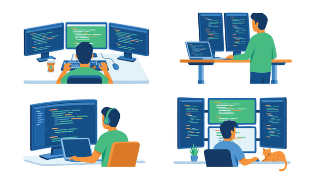 Professional software developer coding on multiple computer monitors in this vector illustration set, showcasing workspace setup for programming, web development, and software engineering tasks.