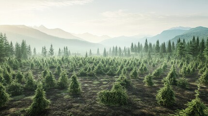 Fototapeta premium Vast young forest undergoing reforestation with countless saplings in a misty, mountainous landscape, signifying environmental restoration and renewal.