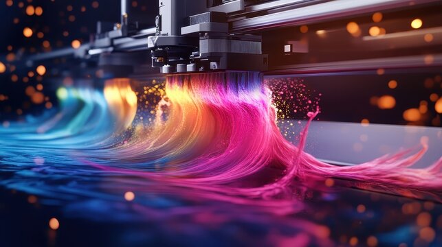 Vibrant colors erupt dynamically during an inkjet printing process with mesmerizing ink splashes