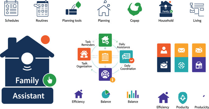 Smart home family assistant software infographic vector icon set featuring automated task scheduling household management and lifestyle coordination presentation materials