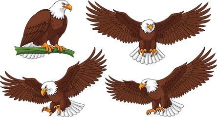 Bald Eagle Vector Cartoon Mascot Set with Birds Flying Soaring and Perching on a Branch for Sports Team Logos and American Patriotic Graphic Designs © KP Studio