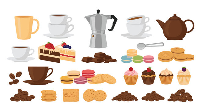 Delicious assortment of coffee drinks and sweet desserts includes cakes, macarons, cupcakes, and roasted beans.