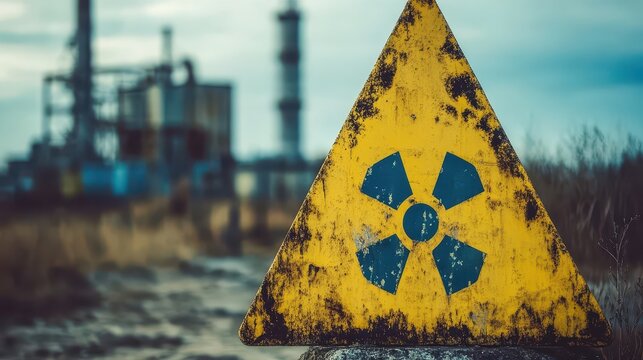 Yellow radiation hazard warning sign in front of an industrial facility under an overcast sky