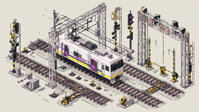 Detailed model railway scene with white purple train on tracks and signaling equipment