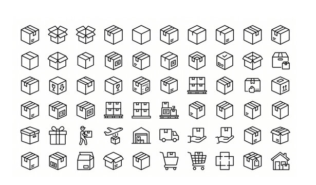 Package parcel and box outline icon collection vector set
