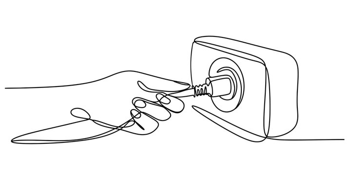 Continuous line drawing of hand plugging cable into socket