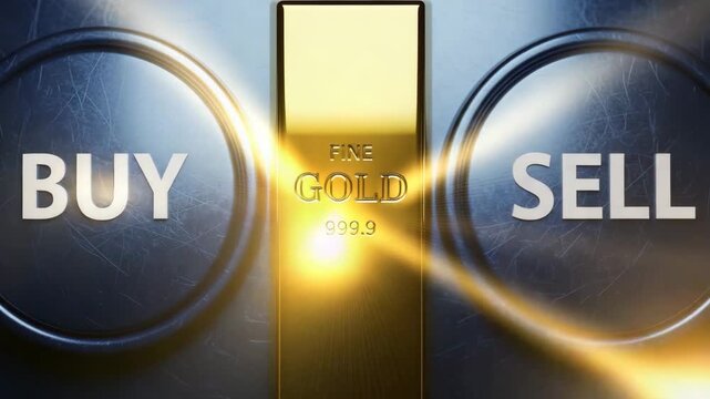 Buy or Sell Gold: A stark, graphic representation of the decision between buying and selling gold, symbolized by the iconic gold bar and distinct 'BUY' and 'SELL' indicators.