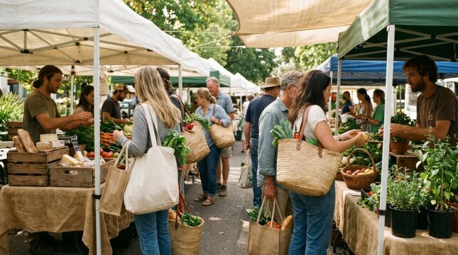Local farmers market event community park lifestyle photography sunny atmosphere vibrant viewpoint fresh produce concept