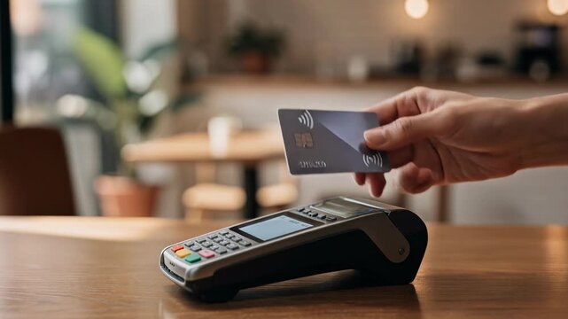 Contactless credit card payment using wireless technology at modern point of sale terminal in cafe