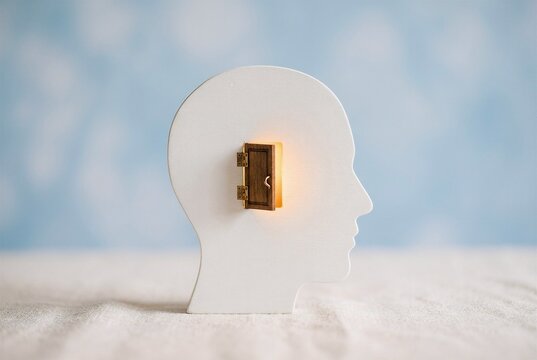 Matte white wooden head profile with an open door emitting a warm golden glow. Soft pastel background. Represents mental potential, open-mindedness, and therapy.