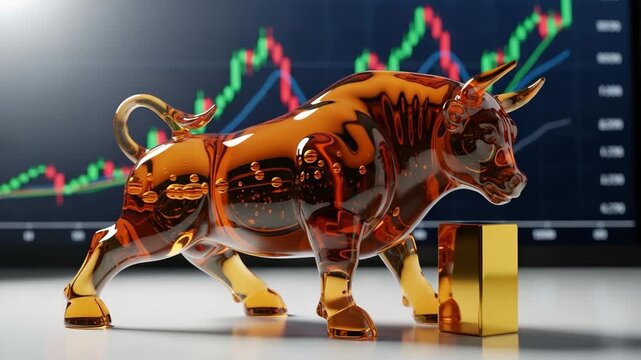 The Bull Market Surge: A gleaming amber bull sculpture stands assertively before a dynamic stock market chart, symbolizing financial optimism and upward trends in a prosperous economic landscape.