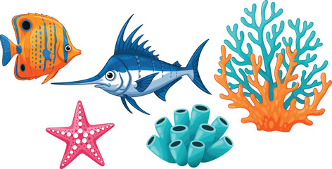 Cute Cartoon Ocean Animals Vector Set with Marlin Butterfly Fish Starfish and Coral Reef Elements for Children Sea World Graphic Designs © KP Studio