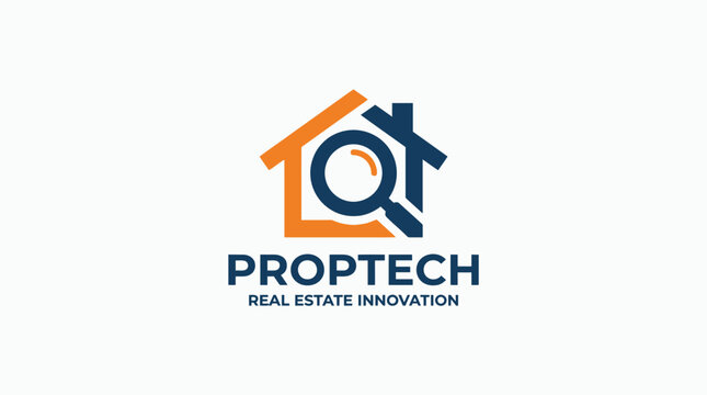 A modern logo featuring a house with a magnifying glass is displayed on a professional business website for Proptech.